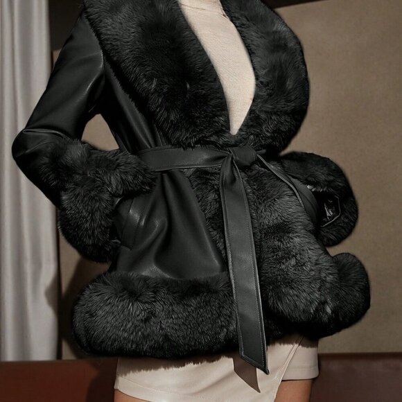 Black Elegant Women's Plaid Patchwork Coat With Collar And Belt - Picture 4 of 9